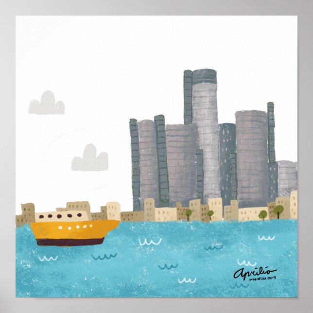 Poster 12x12 Whimsical Detroit Skyline (Frente)