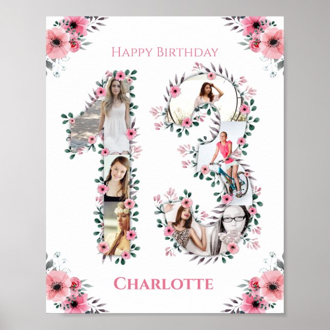 Poster 13 Birthday Pink Flower Girl Fotografia White (Frente)