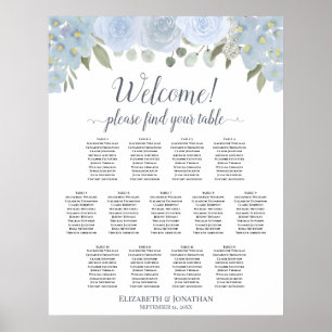 Poster 13 Table Dusty Blue Floral Wedding Seating Chart