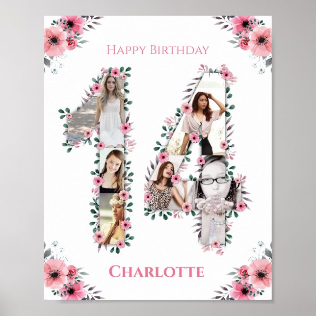 Poster 14 Birthday Pink Flower Girl Fotografia White (Frente)