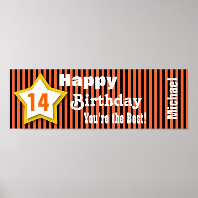 Póster 14 Birthday Star Banner Personalizado S04A ORANGE (Frente)