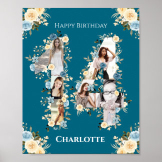 Poster 14 Birthday Teal Flower Collage Yellow
