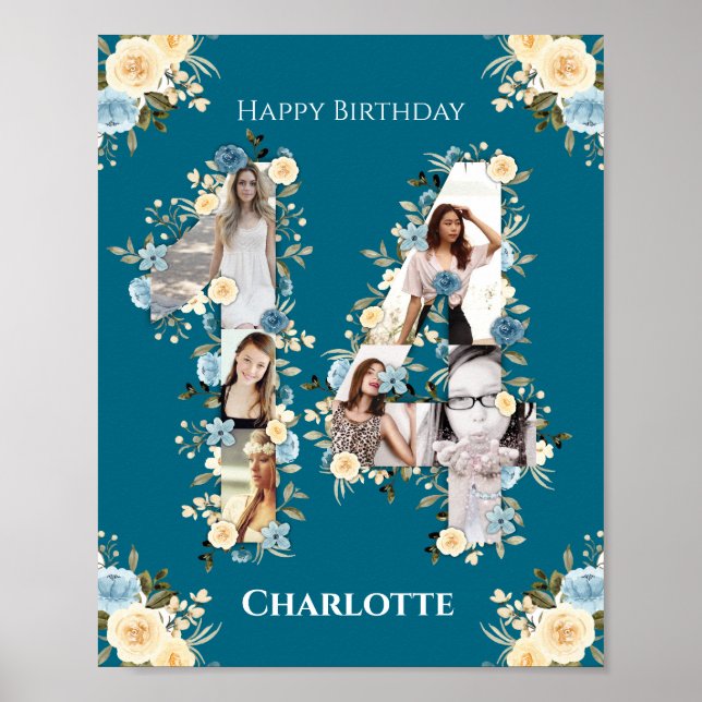 Poster 14 Birthday Teal Flower Collage Yellow (Frente)