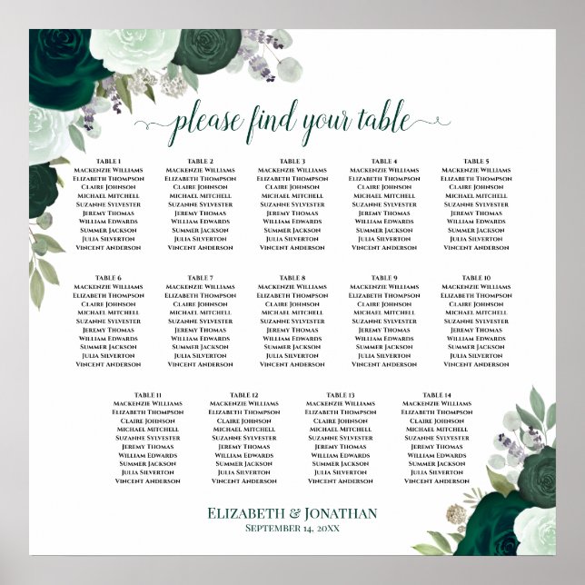 Poster 14 Mesa Emerald Boho Floral Wedding Seating Chart (Frente)