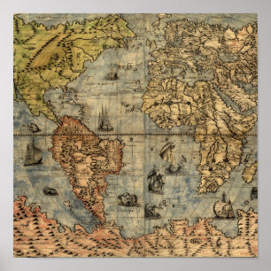 Póster 1565 Mapa Antigo do Mundo de Forlani Cartografia V