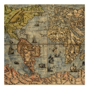 Póster 1565 Mapa Antigo do Mundo de Forlani Cartografia V