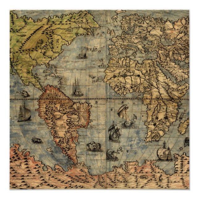 Póster 1565 Mapa Antigo do Mundo de Forlani Cartografia V (Frente)