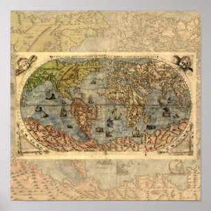 Póster 1565 Mapa Antigo do Mundo de Forlani Cartografia V