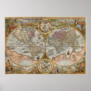 Poster 1594 Orbis Terrarum Typus Mapa do Mundo em Duplo H