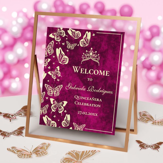 Poster 15 de cor rosa Dourada moderno Aniversário Quincea (Modern Pink Gold 15th Birthday Quinceañera Welcome Poster)