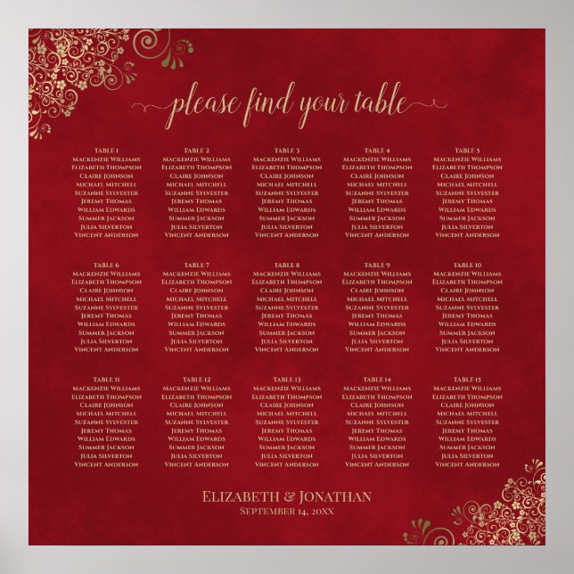 Poster 15 Gráfico Dourado de Casamento de Mesa em Vermelh (Frente)