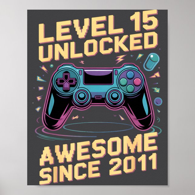 Poster 15th Birthday Boy Gift Level 15 Gamer 2011 15 Year (Frente)