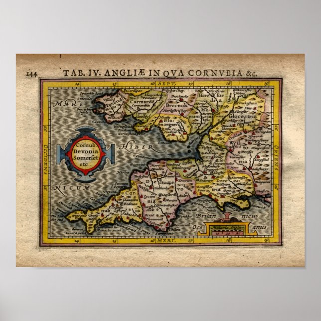 Póster 1610 Mapa da Cornualha, Devon, Somerset, etc... (Frente)