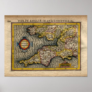 Póster 1610 Mapa de Cornwall, Devon, Somerset, etc...