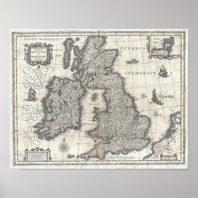 Poster 1631 Blaeu Map of the England, Scotland & Ireland (Frente)