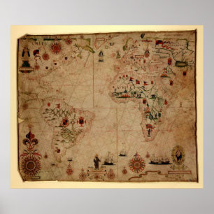 Póster 1633 carta de Portolan do oceano de Atantic -