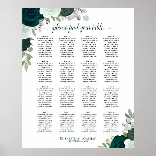 Poster 16 Mesa Emerald Boho Floral Wedding Seating Chart (Frente)