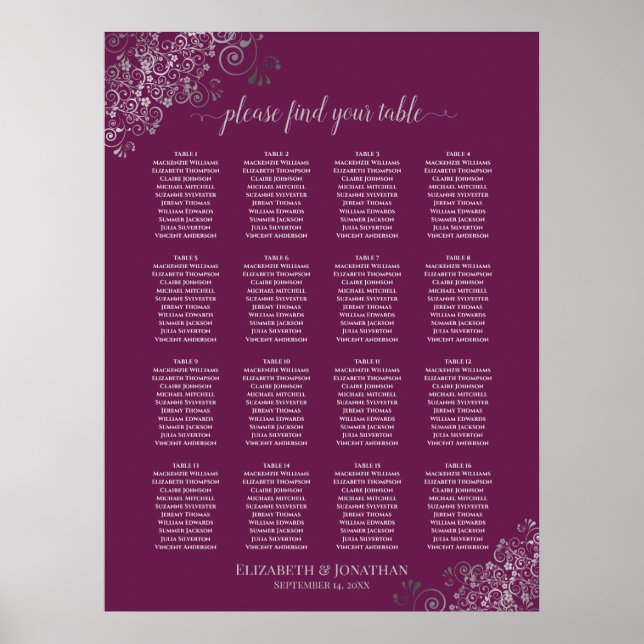 Poster 16 Mesa Prata no Gráfico de Assentos de Casamento  (Frente)