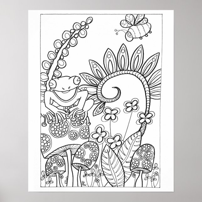 Poster 16"x 20" pequeno sapo com flores de fantasia (Frente)
