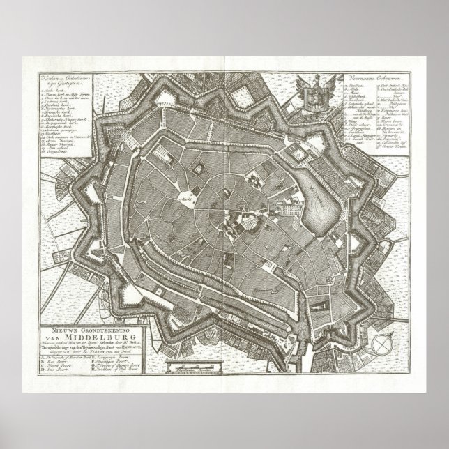 Póster 1751 mapa de Middelburg, Países Baixos (Frente)