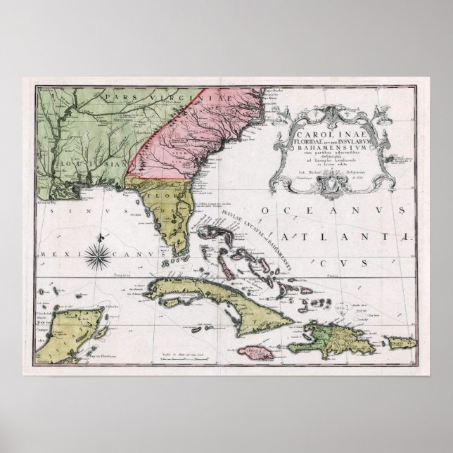 Póster 1755 Carolina, Flórida e Ilhas Bahamas (Frente)