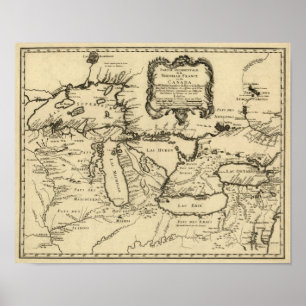 Póster 1755 grandes lagos e mapa novo de France/Canadá