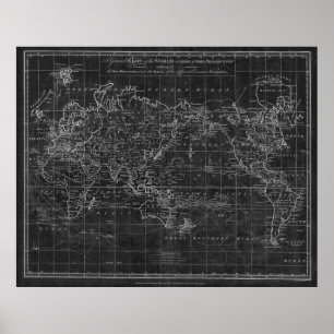 Póster 1799) Inverse preto e branco do mapa do mundo (