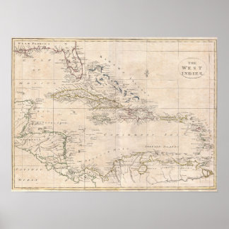 Póster 1799 Mapa inglês do Caribe LARGE