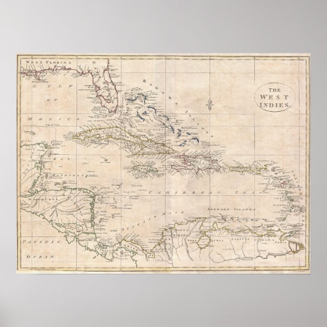 Póster 1799 Mapa inglês do Caribe LARGE (Frente)