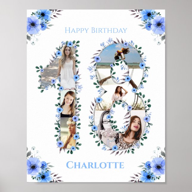Poster 18º aniversário Blue Flower Girl Collage White (Frente)