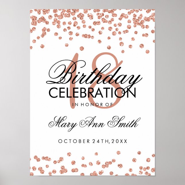 Póster 18º Aniversário Rosa Dourado Faux Glitter Confetti (Frente)