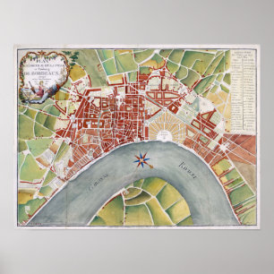 Póster 1800 plano da cidade do Bordéus, France
