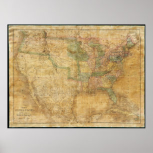 Póster 1839 David H. Burr Wall Map dos Estados Unidos