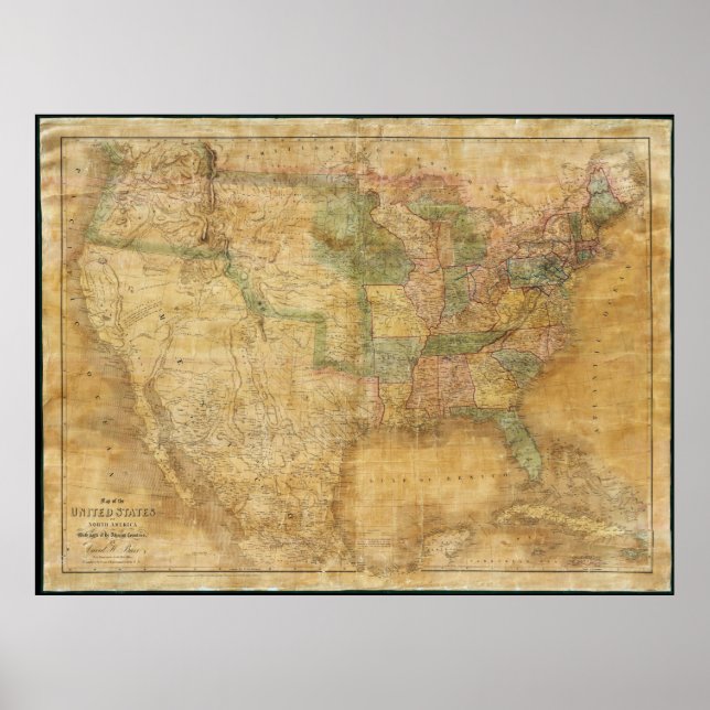 Póster 1839 David H. Burr Wall Map dos Estados Unidos (Frente)