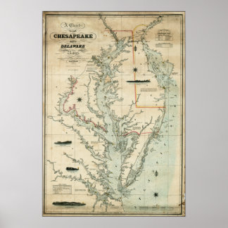 Poster 1852 Gráfico de Baías Chesapeake e Delaware