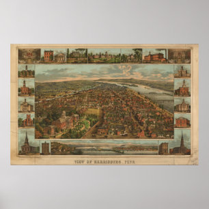Póster 1855 Harrisburg, mapa panorâmico da opinião de