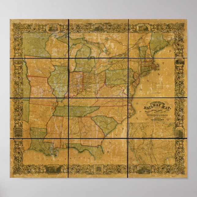 Póster 1856 Antecipado Mapa Ferroviário dos Estados Unido (Frente)