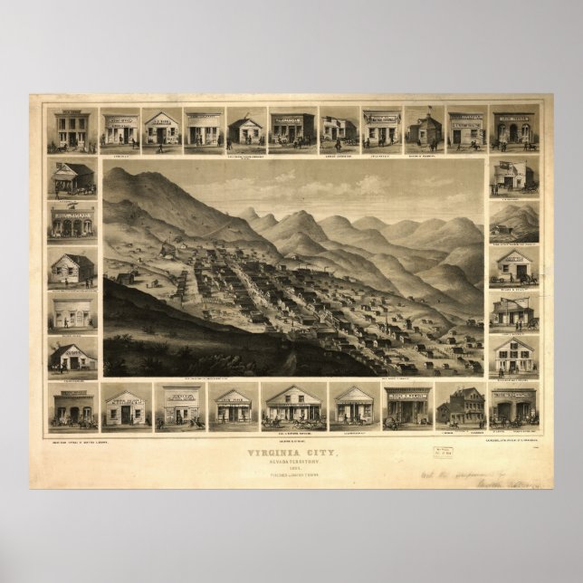 Póster 1861 Virginia City NV Birds Eye Ver Mapa Panorâmic (Frente)