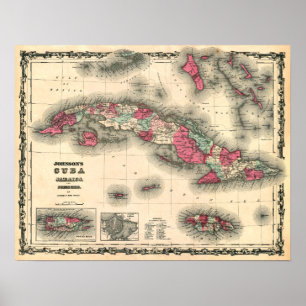 Poster 1862 Mapa da CUBA, JAMAICA e PORTO RICO