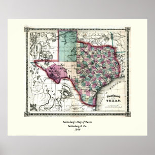 Póster 1866 Mapa Antiquário do Texas por Schönberg & Co