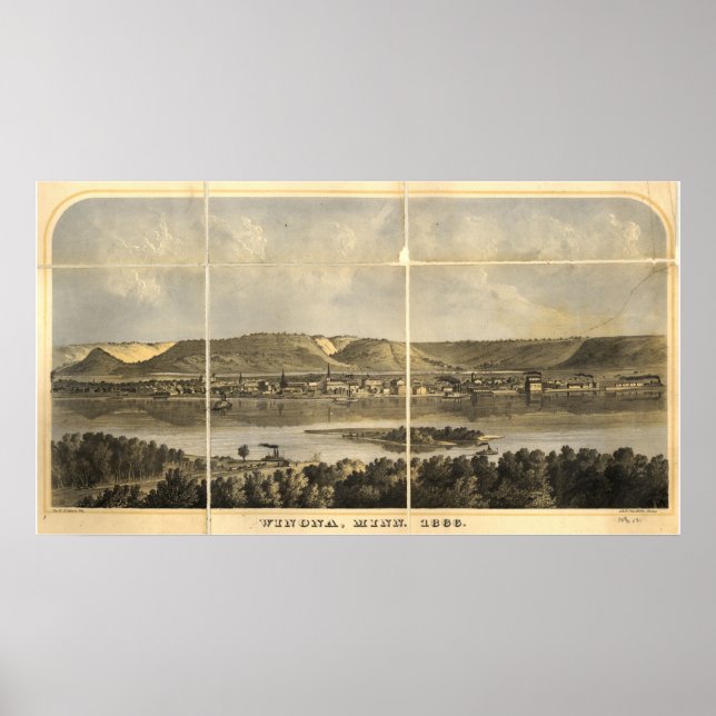 Póster 1866 Winona, MN Birds Eye Ver Mapa Panorâmico (Frente)