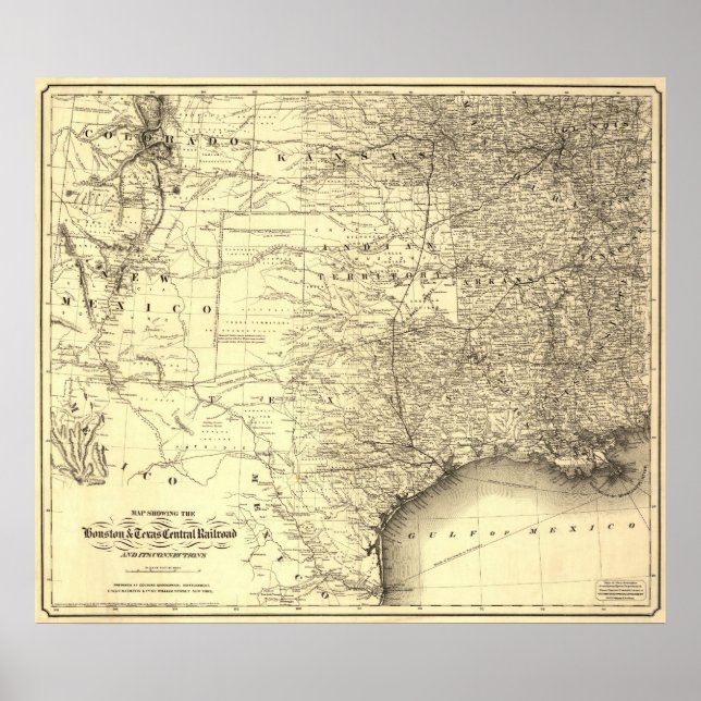 Póster 1867 Mapa da Central Railroad de Houston & Texas (Frente)