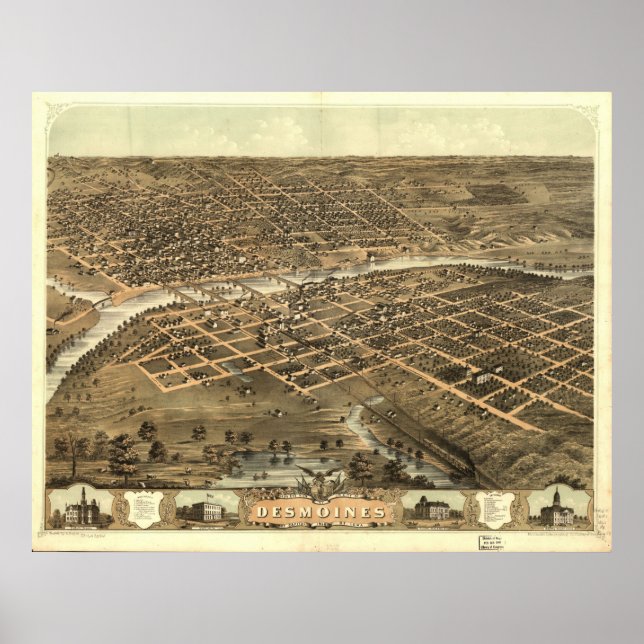 Poster 1868 Moines Des, IA Birds Olhos Ver Mapa Panorâmic (Frente)