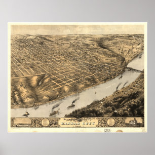 Póster 1869 Kansas City, mapa panorâmico da opinião de
