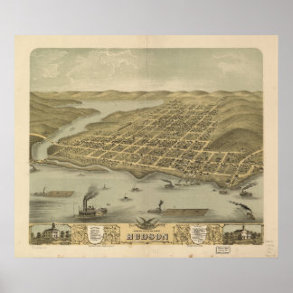 Póster 1870 Hudson, WI Birds Eye Ver Mapa Panorâmico