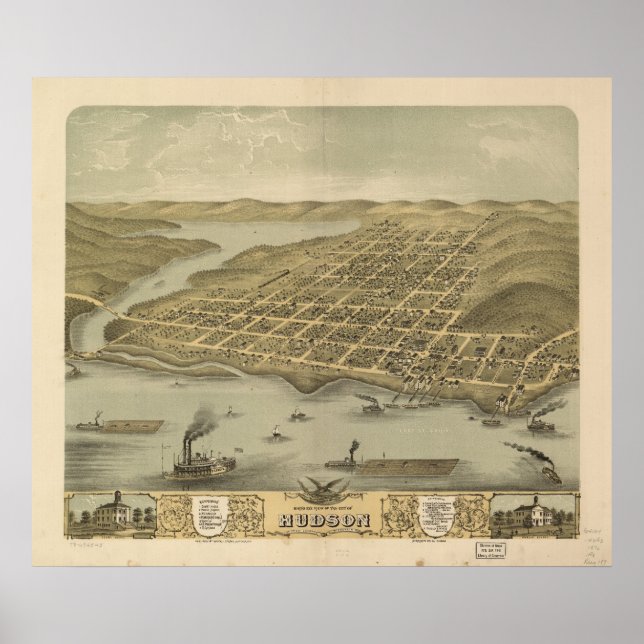 Póster 1870 Hudson, WI Birds Eye Ver Mapa Panorâmico (Frente)