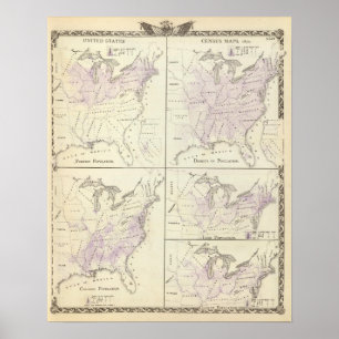 Póster 1870 mapas do recenseamento dos Estados Unidos
