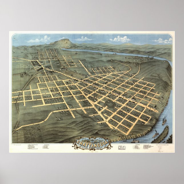 Póster 1871 Chattanooga, TN Birds Eye Ver Mapa Panorâmico (Frente)