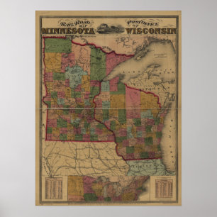 Póster 1871 estradas de ferro/mapa da estação de correi