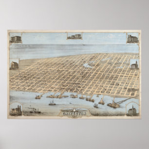 Póster 1871 Galveston, mapa panorâmico da opinião de ol